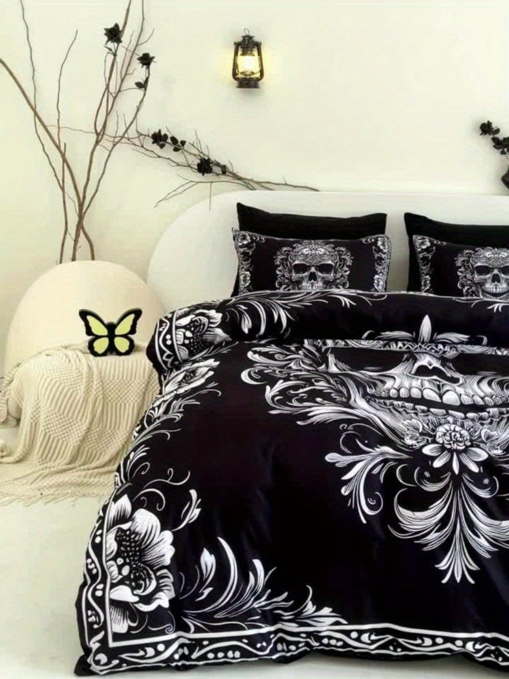 Skull Duvet Cover Set 3pcs – Gothic Victorian Baroque Black & White Skull Bedding with 2 Pillowcases, Digital Print Halloween Bedroom Decor