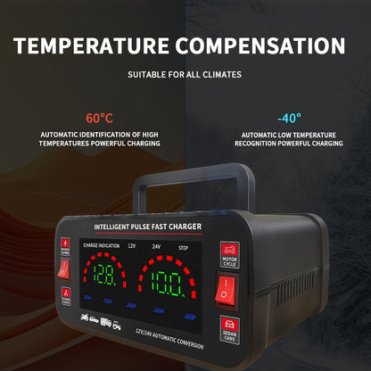 Car Battery Charger 12V/24V with LCD Display – Fast Charging Portable Maintainer for Cars, Trucks, RVs & Motorcycles, Overcharge Protection