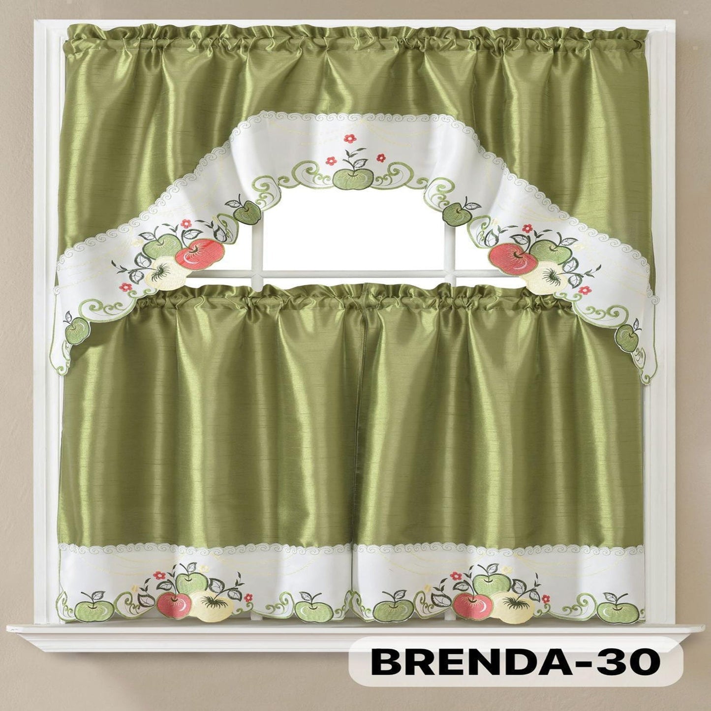 Kitchen Curtains 3 Piece Set Embroidered Satin Valance and Tiers – Rod Pocket Light Filtering Machine Washable 46 Colors
