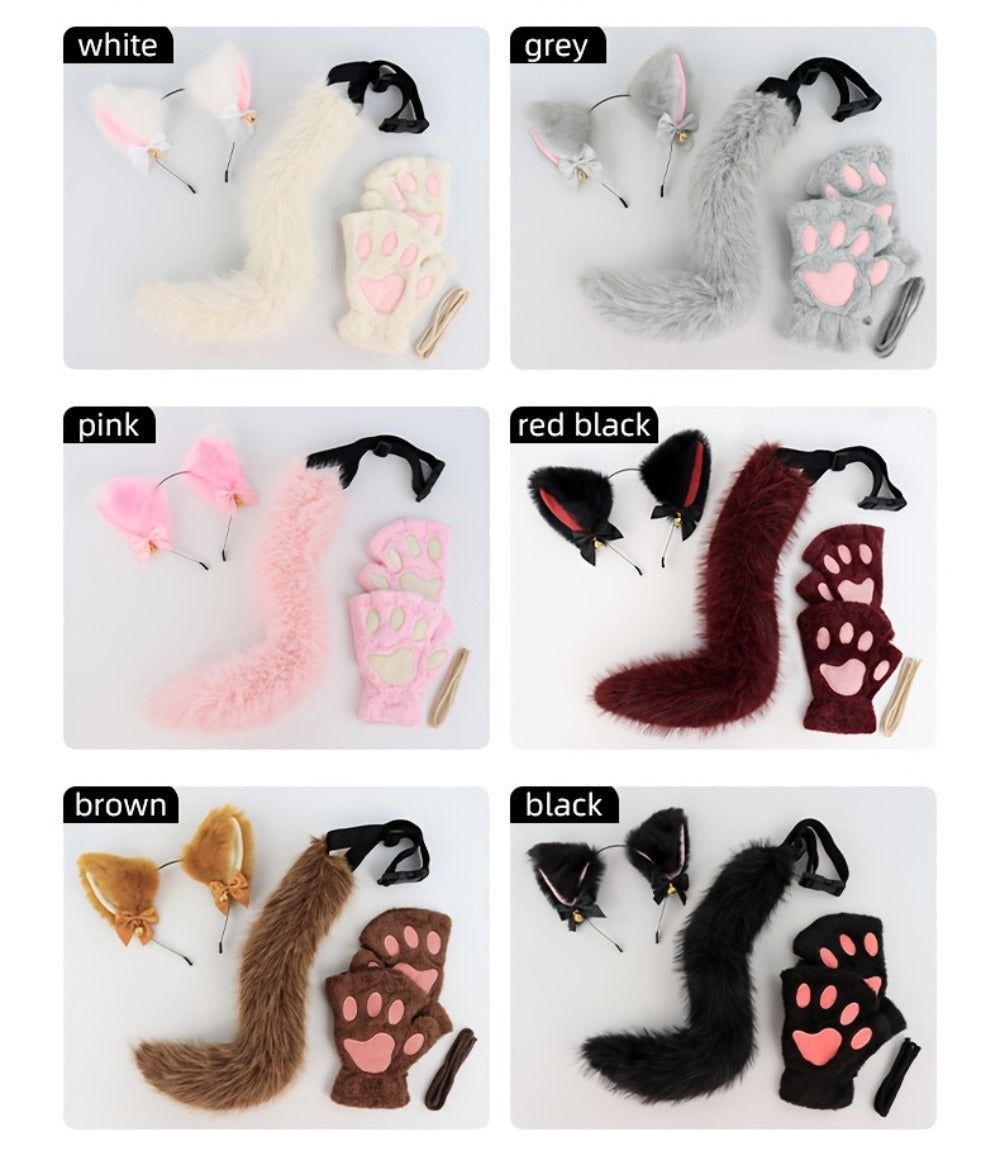 Cat Costume Set 3 Piece, Bell Ear Headband, Plush Paw Gloves & Adjustable Tail for Halloween, Cosplay