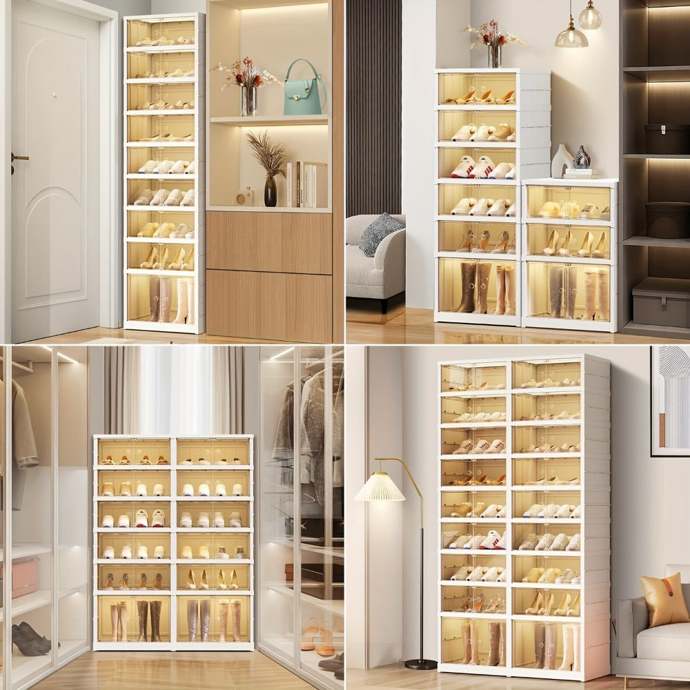 Shoe Rack Organizer 9-Tier, Collapsible Clear Plastic Foldable Stackable Shoe Cabinet with Shelves & Doors