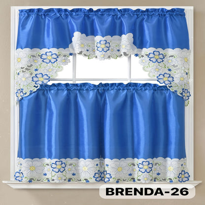 Kitchen Curtains 3 Piece Set Embroidered Satin Valance and Tiers – Rod Pocket Light Filtering Machine Washable 46 Colors