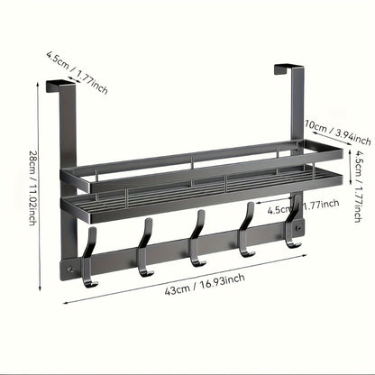 Over-the-Door Storage Rack with Metal Basket Shelf, 4 to 8 Hooks and Gray or Black Length Options