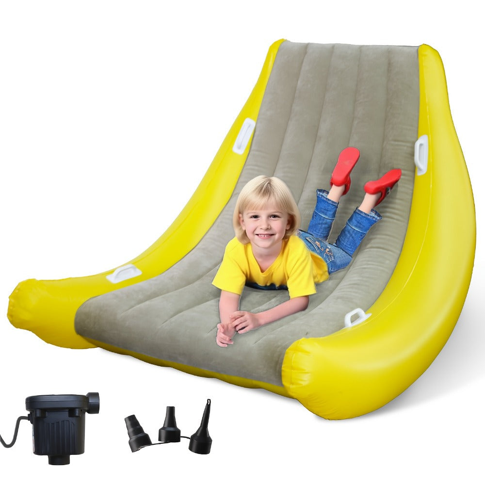 Yellow-and-Gray Banana-Shaped Inflatable Lounge Chair Set with Pictured Pump and 1 Set Checkout