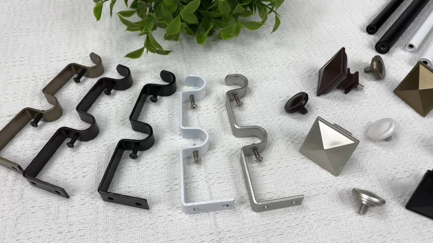 Double Curtain Rod Set with Square Urn Finials, Dual Brackets and Five Finish Options for Layered Panels