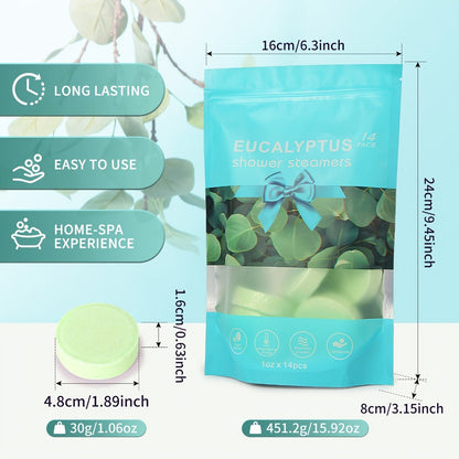 Fourteen Green Eucalyptus-Labeled Shower Steamer Tablets with 30 g Pieces in a Resealable Display Bag
