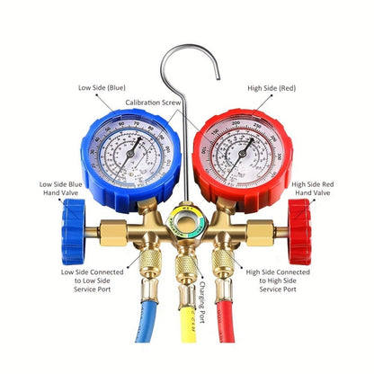 AC Manifold Gauge Set 3-Way with Color-Coded Hoses & Adapters for R134A R22 R12 R404A – HVAC Diagnostics A/C Recharge Leak Detection 0-500