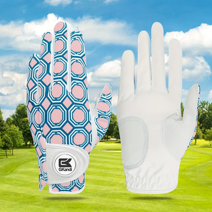 Women's Golf Gloves Left Hand with Ball Marker – All-Weather Grip Leather Golf Glove for Ladies Right-Handed Golfers, Colorful Design