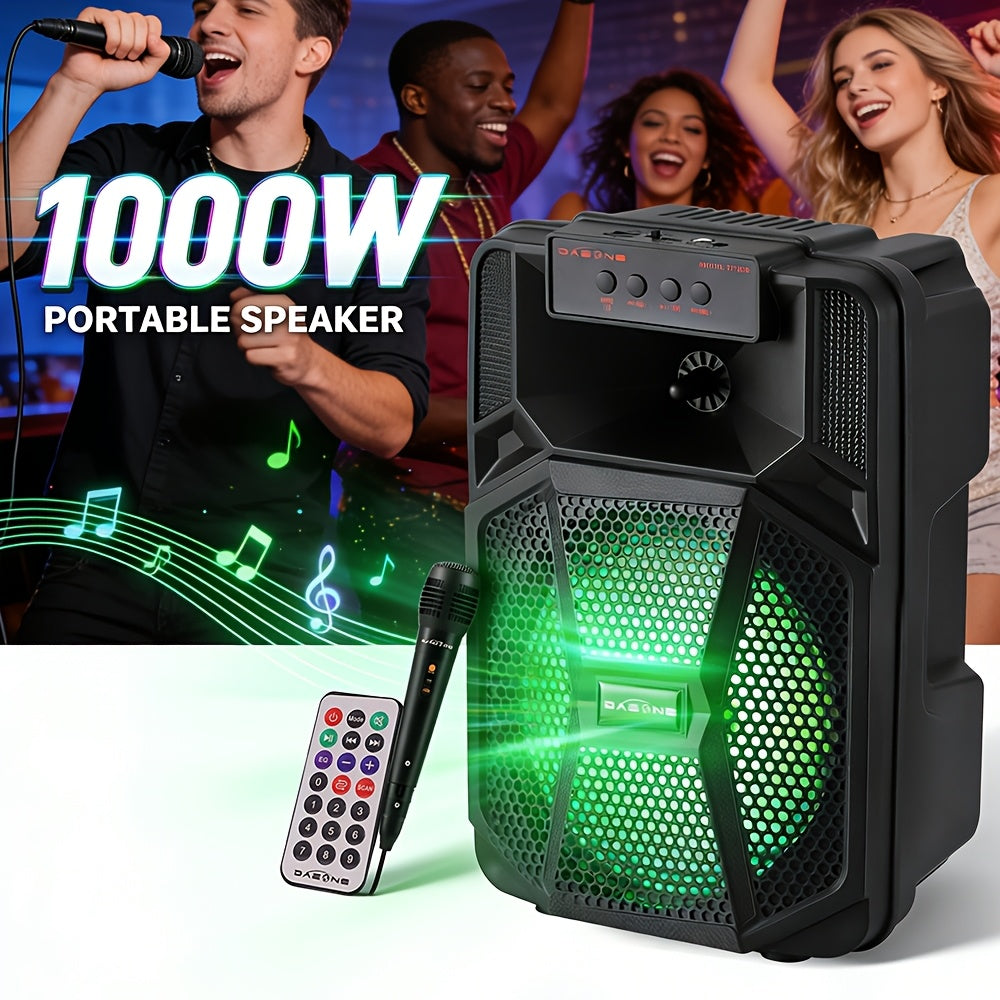 8-Inch Bluetooth Party Speaker with LED Lights & Wired Microphone, TWS Stereo Bass Boost, FM Radio