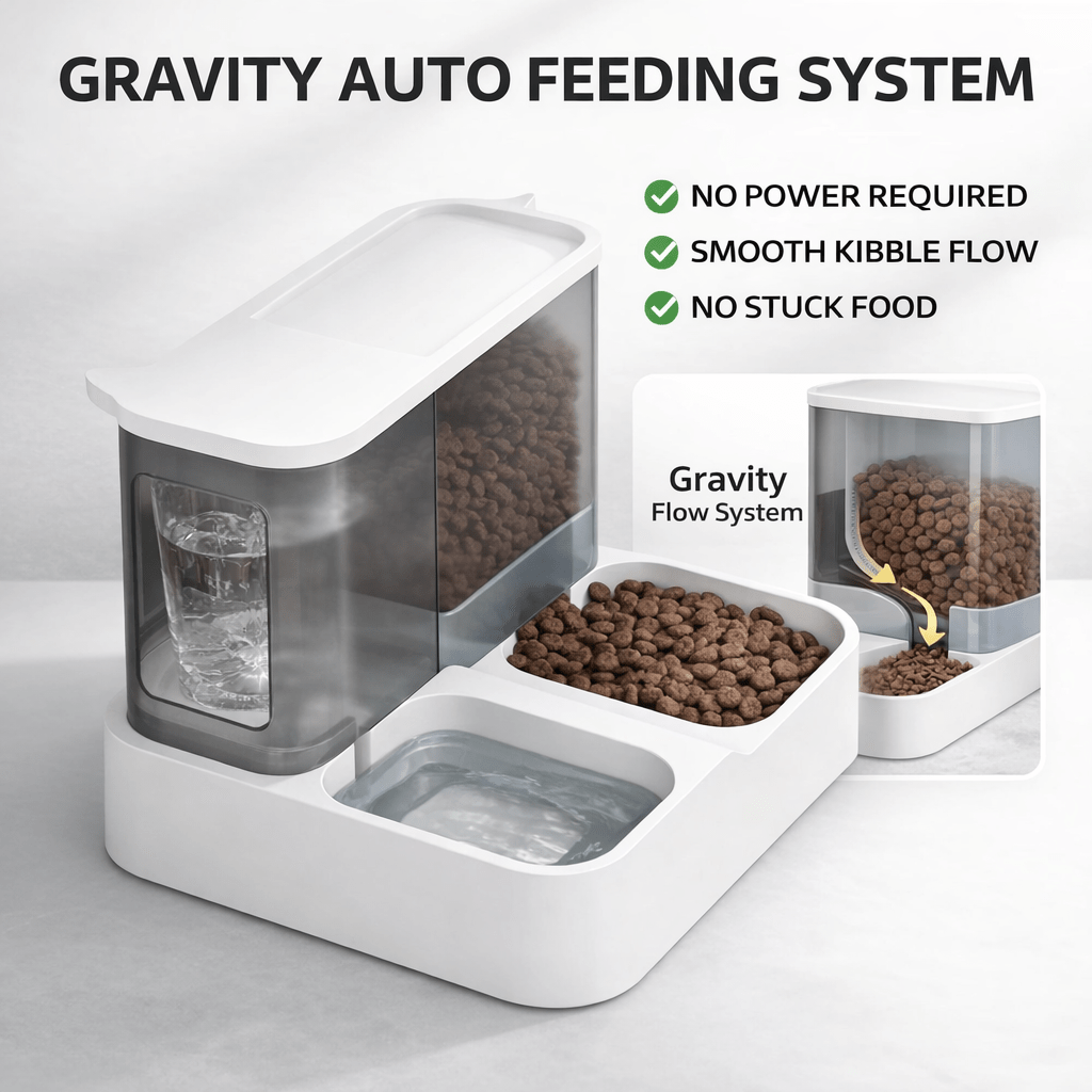 Gravity Dog Feeder & Waterer Set – 2.8L Food Container + 1L Water Tank, Dual Bowl Automatic Feeding Station, No Electricity