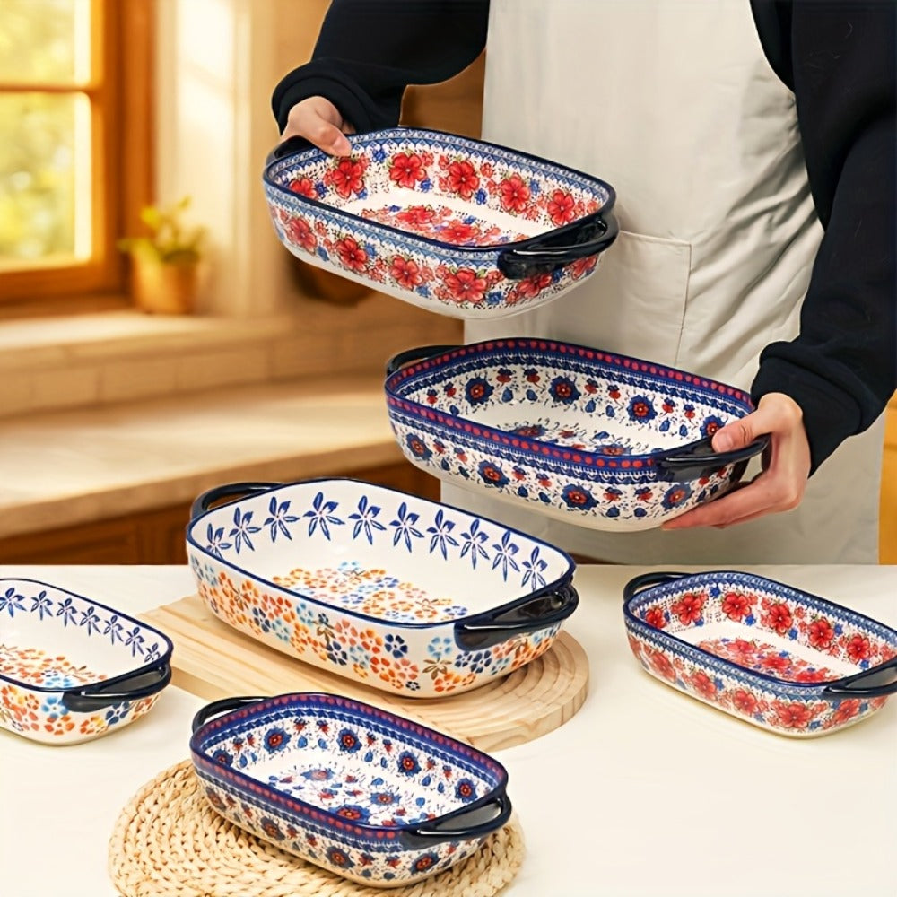 Ceramic Baking Dish Set of 2 Large 13 Inch Rectangular Casserole Dish Porcelain Bohemian for Entryways, Bedrooms and Living Spaces
