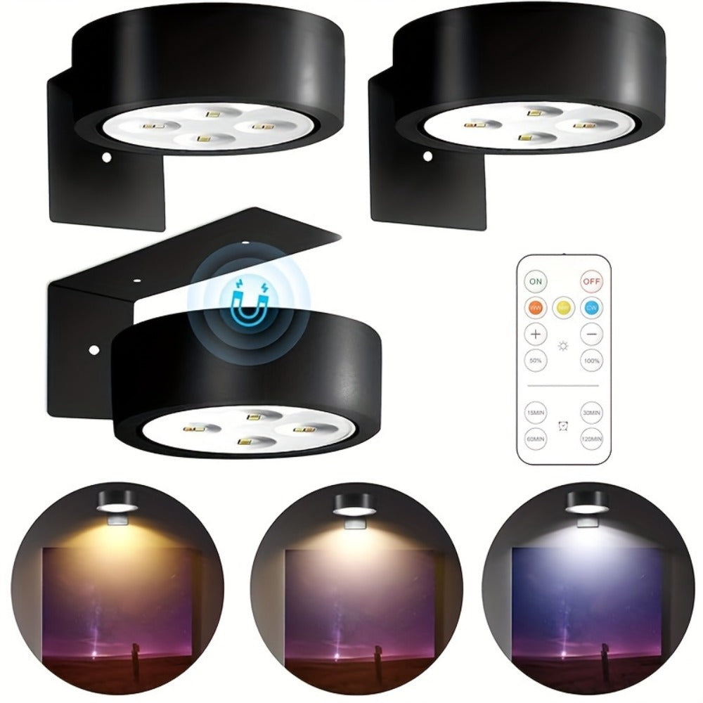 Battery Operated Picture Lights 3-Pack, Magnetic Painting Light with Remote & Timer, 3 Lighting Modes Dimmable Wireless Wall Puck Lights
