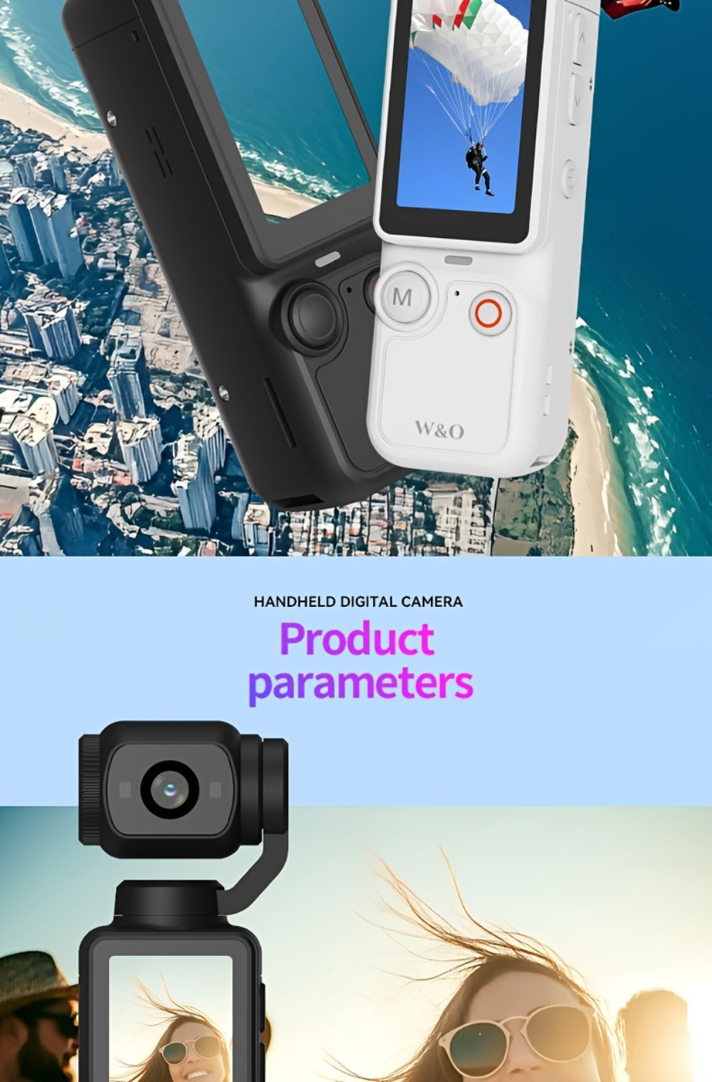 W&O 4K-Labeled Pocket Action Camera with 180-Degree Rotating Lens, 1.9-Inch Screen and 2000mAh Battery Marking