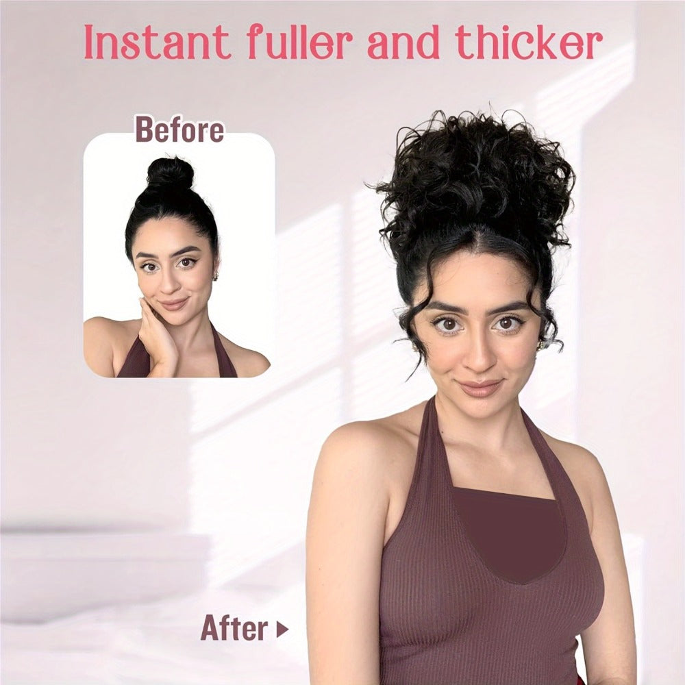 Hair Extensions Curly 10-Inch Synthetic Drawstring Bun with Comb Clips, 80g Weight and Two Brown Color Options