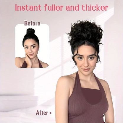 Hair Extensions Curly 10-Inch Synthetic Drawstring Bun with Comb Clips, 80g Weight and Two Brown Color Options