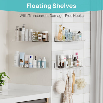 Acrylic Floating Shelves for Wall 4-Pack with 4 Hooks, Clear Wall Mounted Display Shelf Organizer