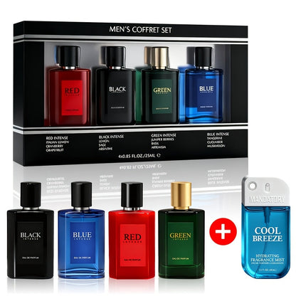 Perfume Gift Set for Men with Four 30ml Eau de Parfum Sprays in Black Box and Separate 1.5oz Body Mist