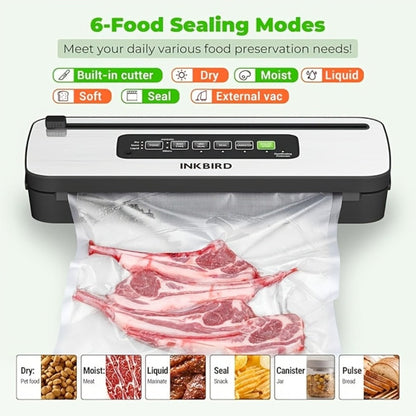 Vacuum Sealer Machine 85KPA, INKBIRD 10-in-1 Food Sealer with Bag Storage, Built-In Cutter, Moist/Dry/Pulse/Liquid/Canister Modes