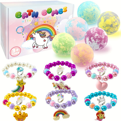 Bath Bombs, 6-Piece Unicorn Surprise Gift Set with Colorful Round Fizzers, Bracelet and Ring Accessories