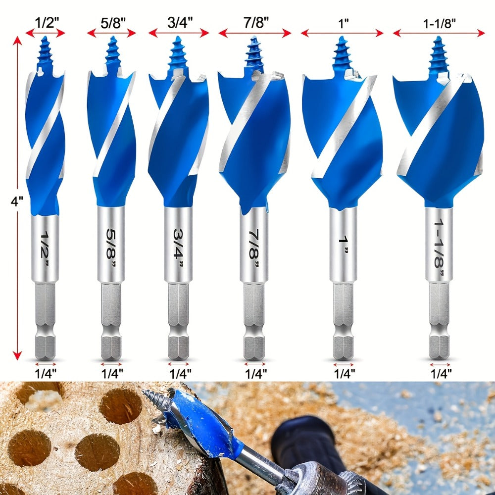 Impact Drill Bit Set 6-Piece Woodworking, 1/2" to 1" Interchangeable Screwdriver Bits, 4-Inch Length with Storage Box