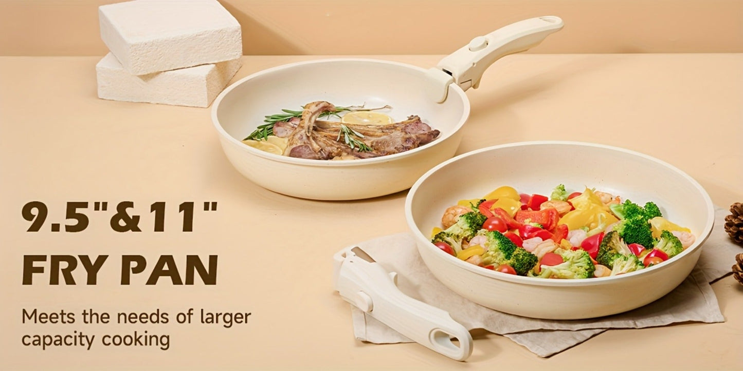 Cookware Set A Dinnerware 16- or 26-Piece Detachable-Handle Pots and Pans in Black or Beige for Compact Storage