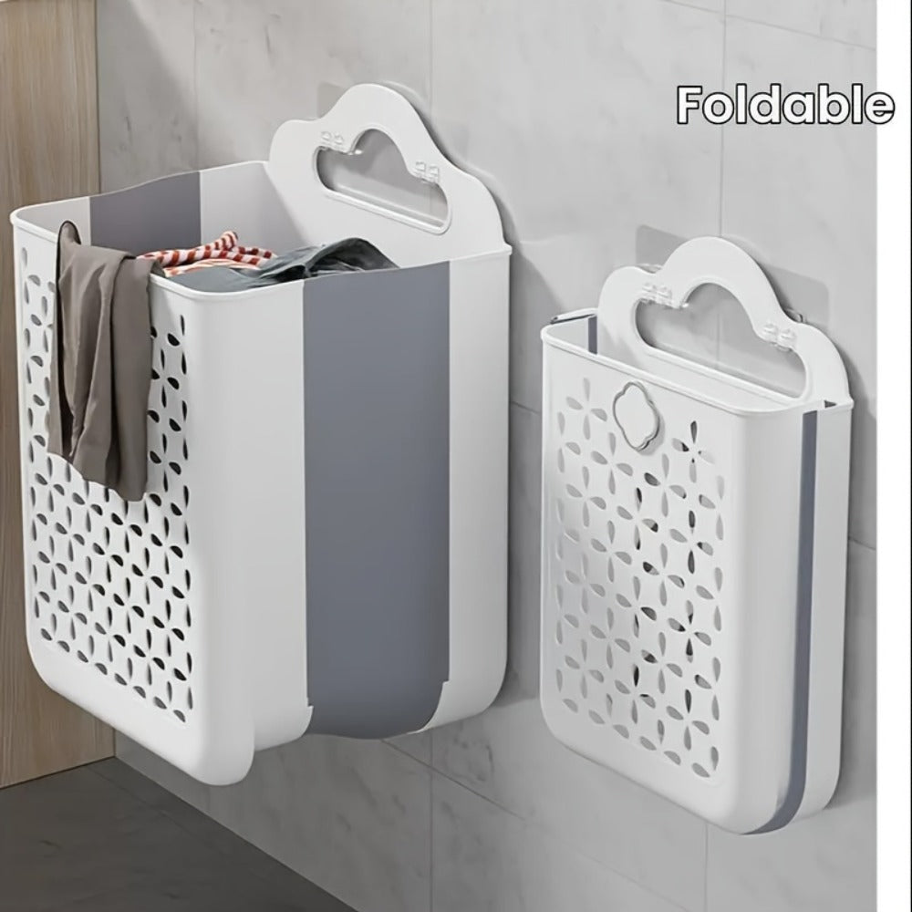 White Wall-Mounted Foldable Laundry Basket with Cutout Panels, Carry Handle and 39 cm Height