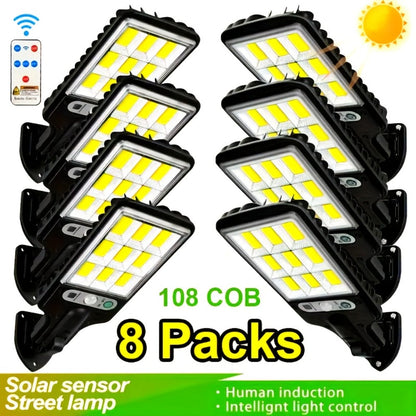 Solar Motion Sensor Security Wall Light 108COB LED, Outdoor Solar Powered Street Light with Remote Control & 3 Modes