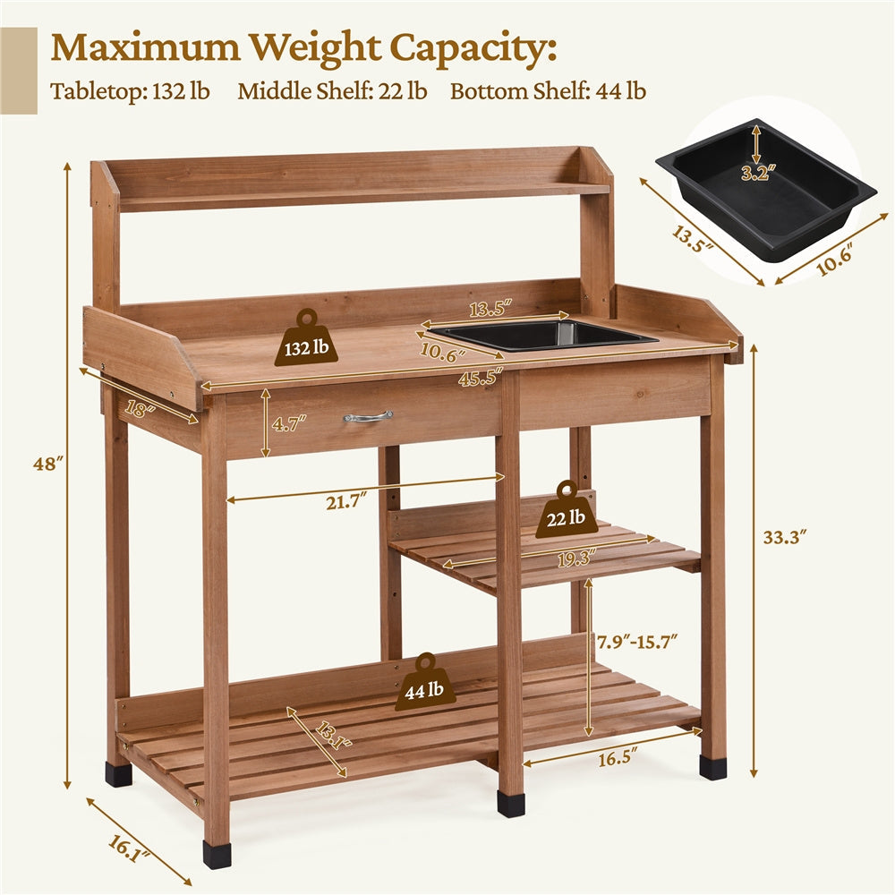 Garden Potting Table 4-Tier with Removable Sink, Adjustable Shelf, Drawer & Side Hooks, Outdoor Planter Stand for Yard Greenhouse in Wood