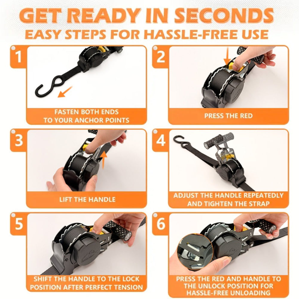 Self-Retracting Tie Down Straps 10 Feet Ratchet Cargo Straps, Auto Retract for Truck Trailer Motorcycle Moving & Appliances