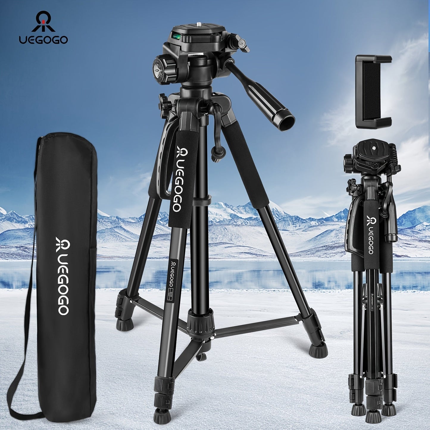 60-Inch Camera Tripod in Black with Pan-and-Tilt Head, Quick-Release Plate, Phone Holder and Storage Bag
