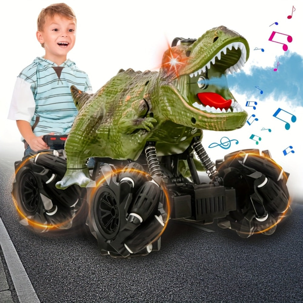 RC Monster Truck Dinosaur 2.4GHz 4WD Off-Road Remote Control Car with LED Lights Music Large Tires All-Terrain Stunt Vehicle Gift for Boys