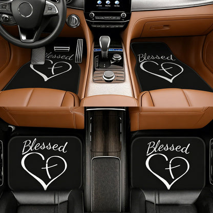 Heart and Cross Car Floor Mats, Four-Piece Black Printed Set with Two Front and Two Rear Mats