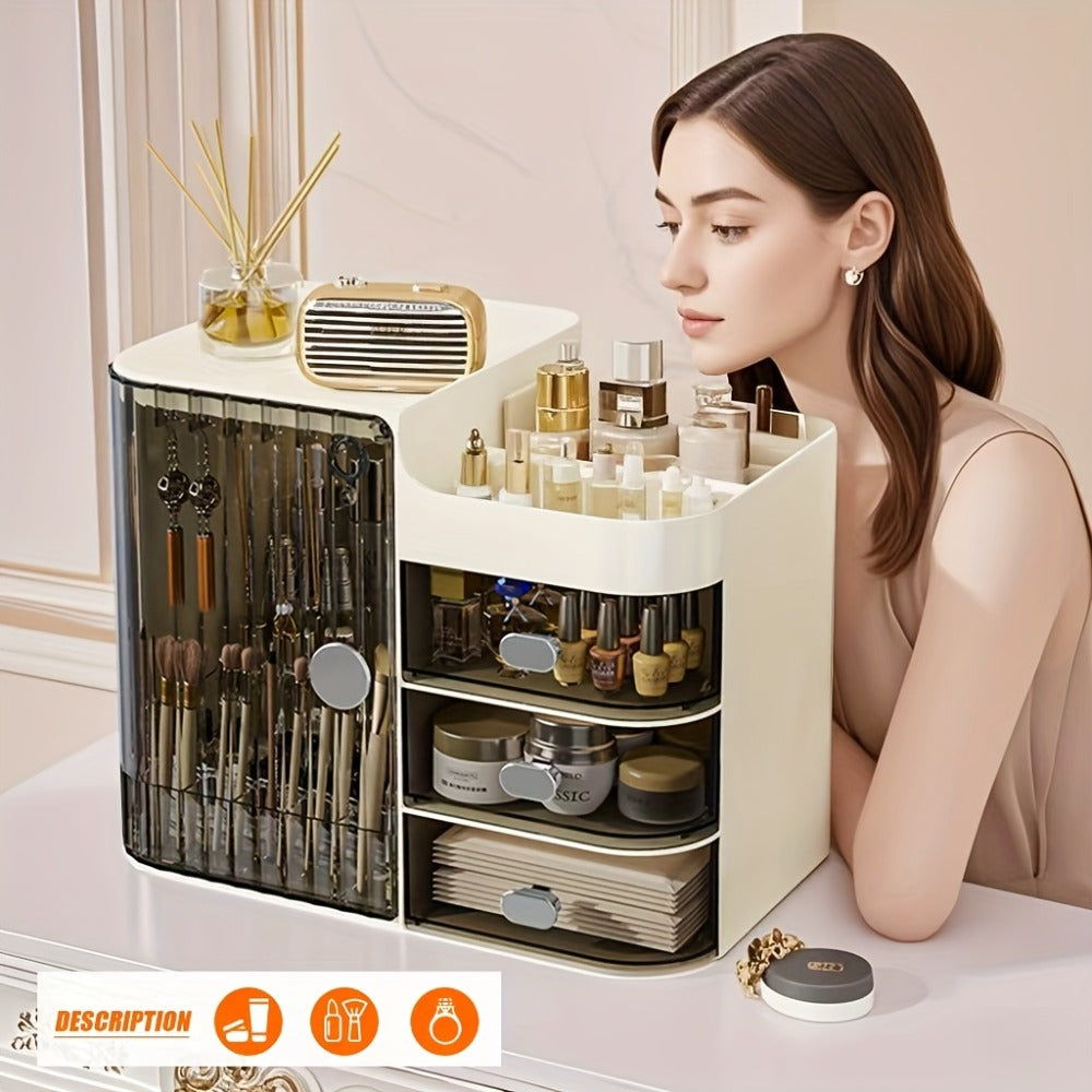 Makeup Organizer with 3 Drawers and Mirror – Large Capacity Cosmetic Storage Box Vanity Organizer for Skincare Contact Lens Display Case