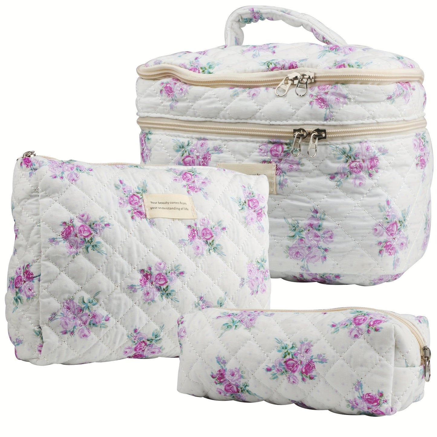 Makeup Bag Three-Piece Quilted Cotton Dual-Layer Floral Pouch Set for Travel, Vanity and Everyday Beauty Storage
