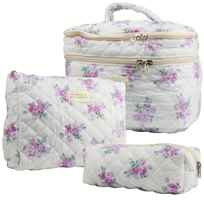 Makeup Bag Three-Piece Quilted Cotton Dual-Layer Floral Pouch Set for Travel, Vanity and Everyday Beauty Storage