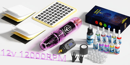 Tattoo Machine Kit POSEIDON TK039 Cordless Rotary Pen with LED Display, 20 Cartridges, 10 Inks and Practice Supplies