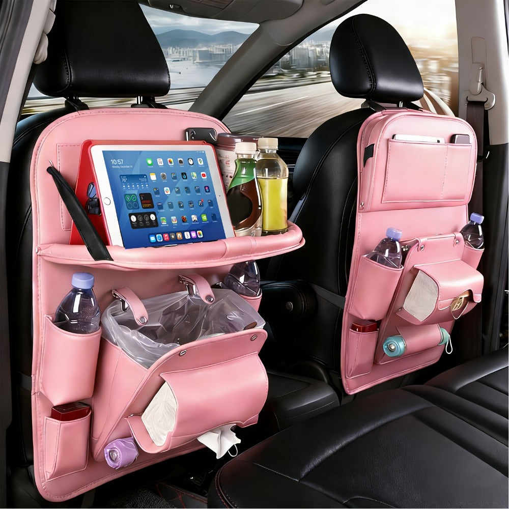 One-Piece Seatback Car Organizer with Fold-Down Tray, Cup Recesses, Mesh Pockets and Four Colors