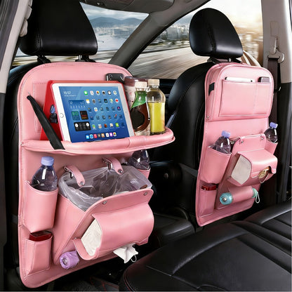 One-Piece Seatback Car Organizer with Fold-Down Tray, Cup Recesses, Mesh Pockets and Four Colors