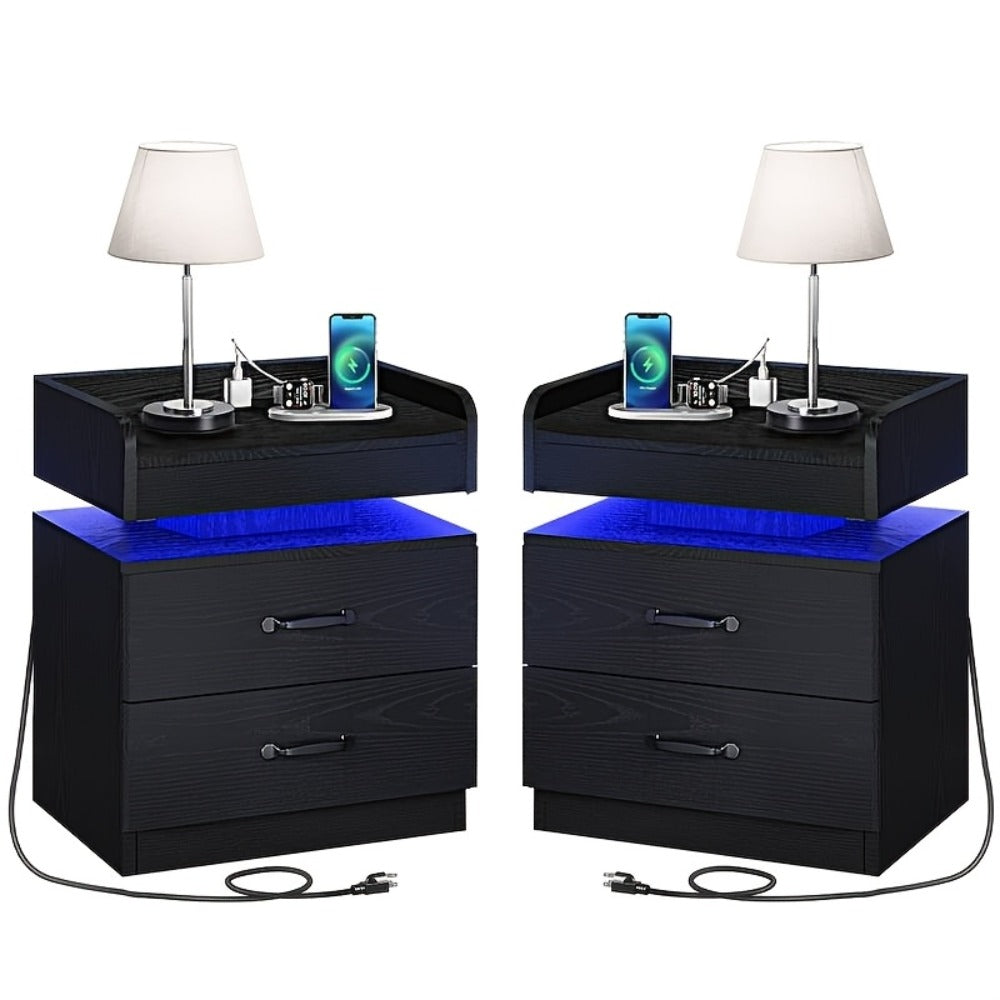 Wooden Nightstand with LED Ambient Light & Charging Station, Fabric Drawer, Blue Glow for an Everyday Personal Care Routine