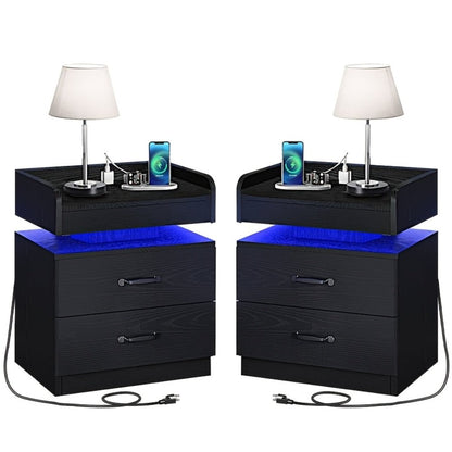 Wooden Nightstand with LED Ambient Light & Charging Station, Fabric Drawer, Blue Glow for an Everyday Personal Care Routine