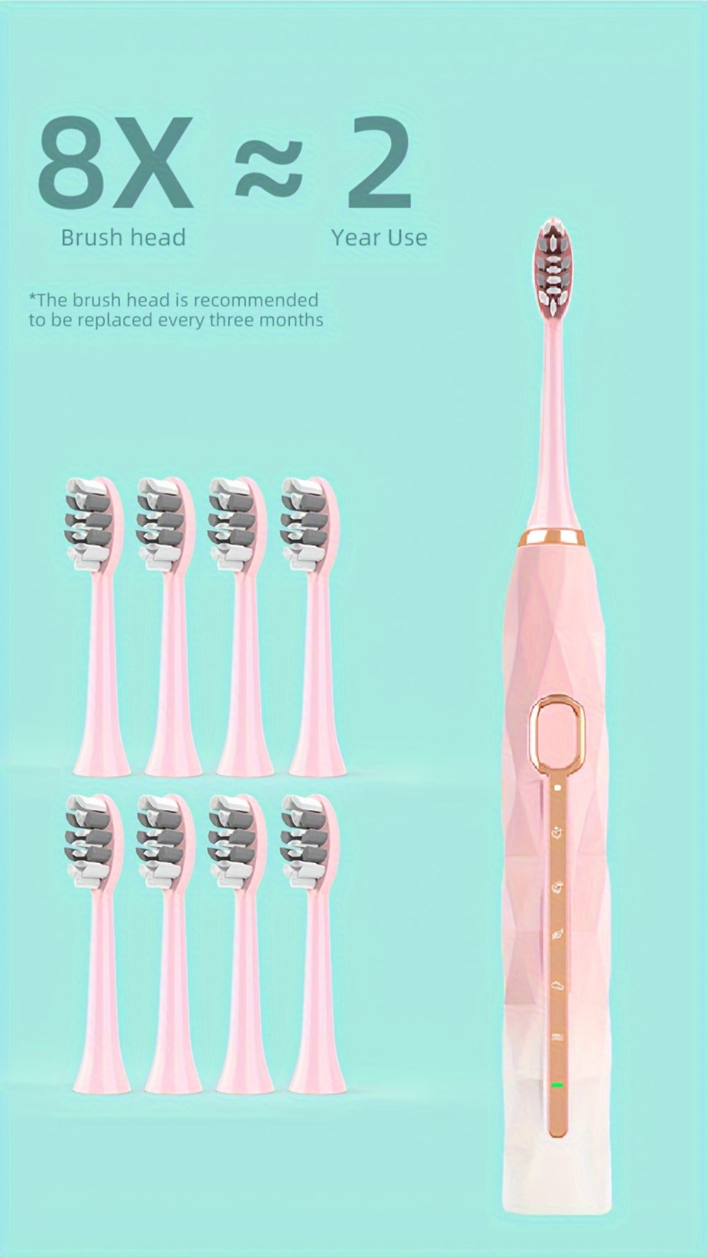 IPX8 Sonic Electric Toothbrush with 8 Replacement Brush Heads – Metal Shaft, USB Rechargeable 500mAh, Travel Case & Holder