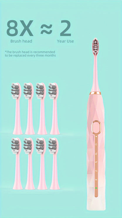 IPX8 Sonic Electric Toothbrush with 8 Replacement Brush Heads – Metal Shaft, USB Rechargeable 500mAh, Travel Case & Holder