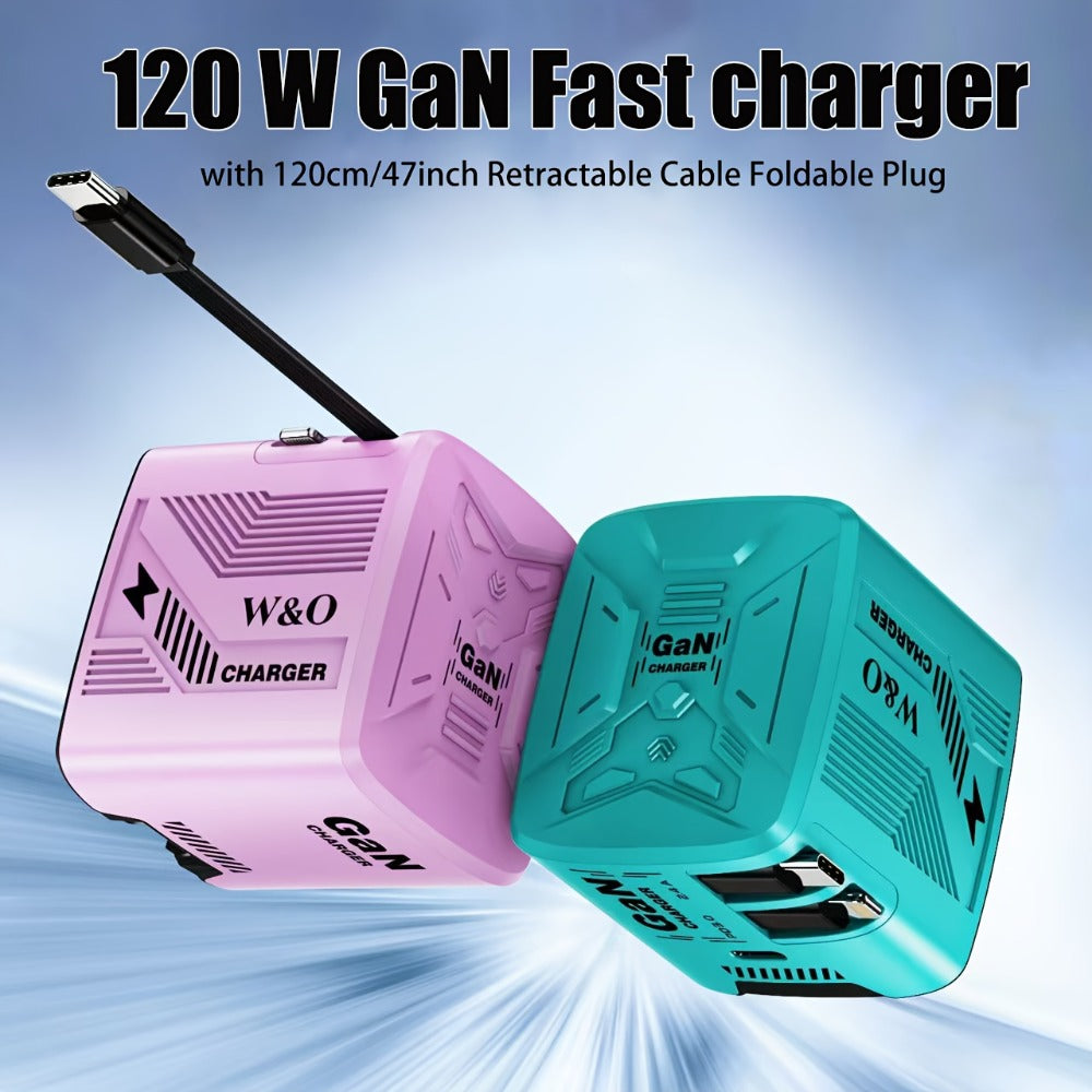 GaN Wall Charger 120W Fast with Retractable Built-In Cable & Foldable Plug for an Everyday Personal Care Routine