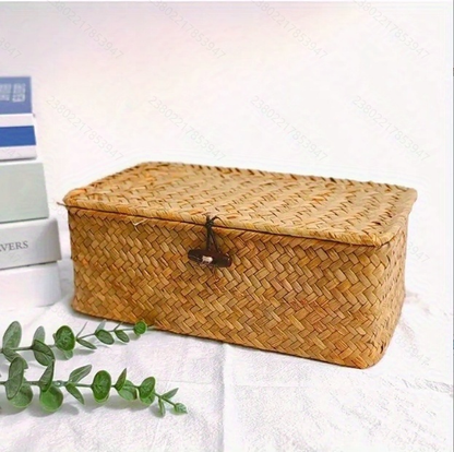 Rattan Storage Baskets Set of 3 with Lattice Lids and Label Holders in Graduated Sizes for Home Organization