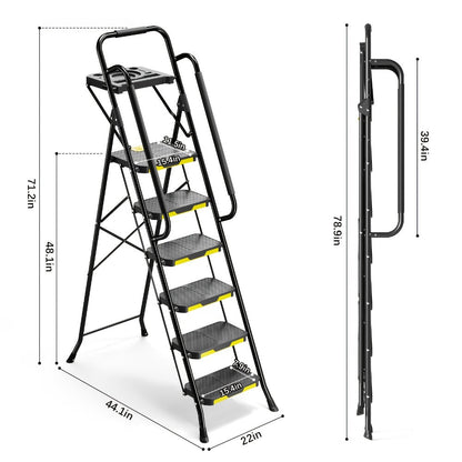 6 Step Ladder with Handrails & Tool Platform, Folding Step Stool Wide Pedal Steel Safety Ladder for Adults
