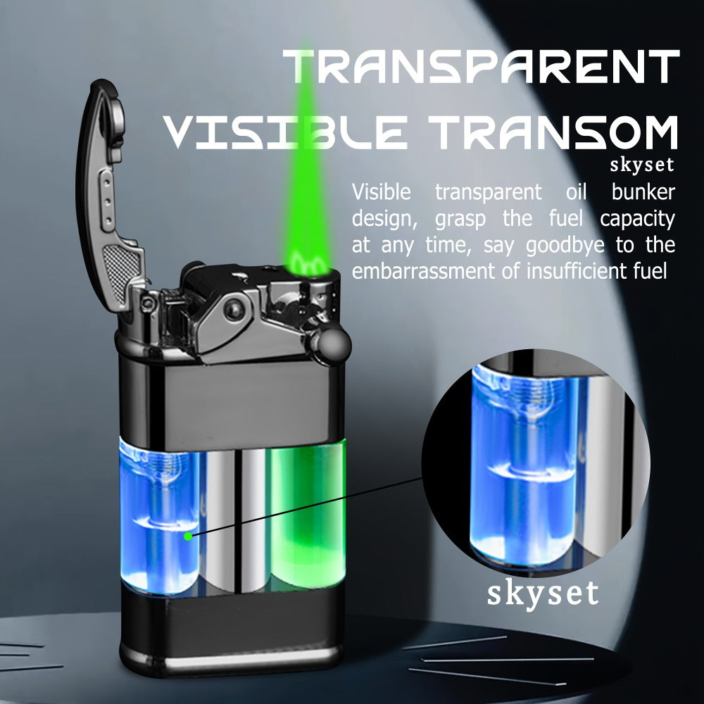 Green Flame Metal Lighter Windproof, Refillable Butane Gas Lighter with Adjustable Flame, Fuel Window & Rocker Arm Ignition