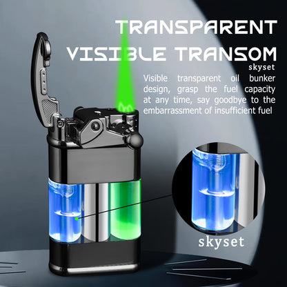 Green Flame Metal Lighter Windproof, Refillable Butane Gas Lighter with Adjustable Flame, Fuel Window & Rocker Arm Ignition