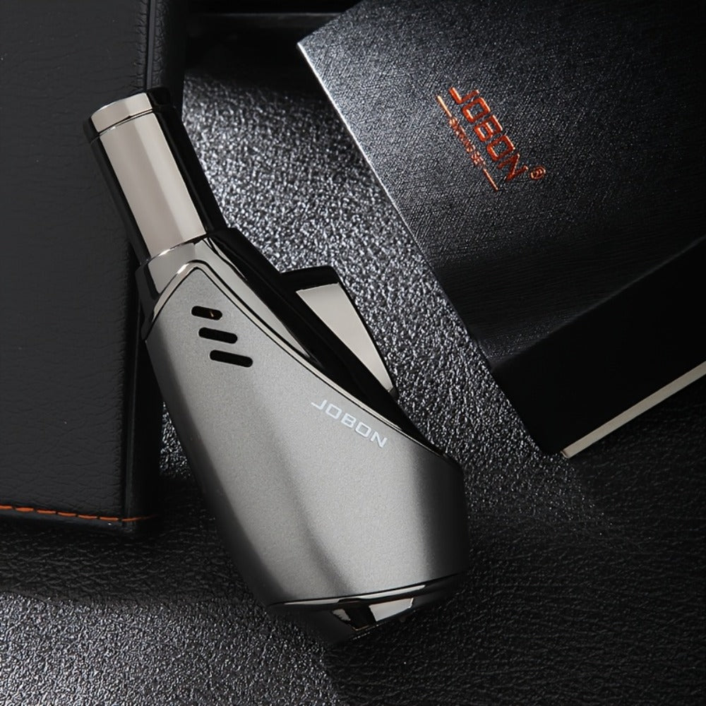 JOBON Angled-Body Torch Lighter with Cigar Punch, Side Ignition Switch and Silver Gift Box