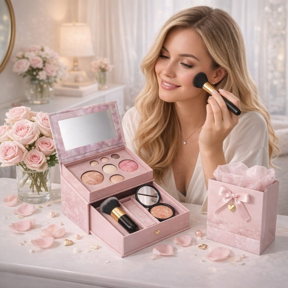 All-in-One Baked Makeup Palette Set 3pcs for Women, 7-Color Face Powder Blush Eyeshadow Trio & Concealer Brush