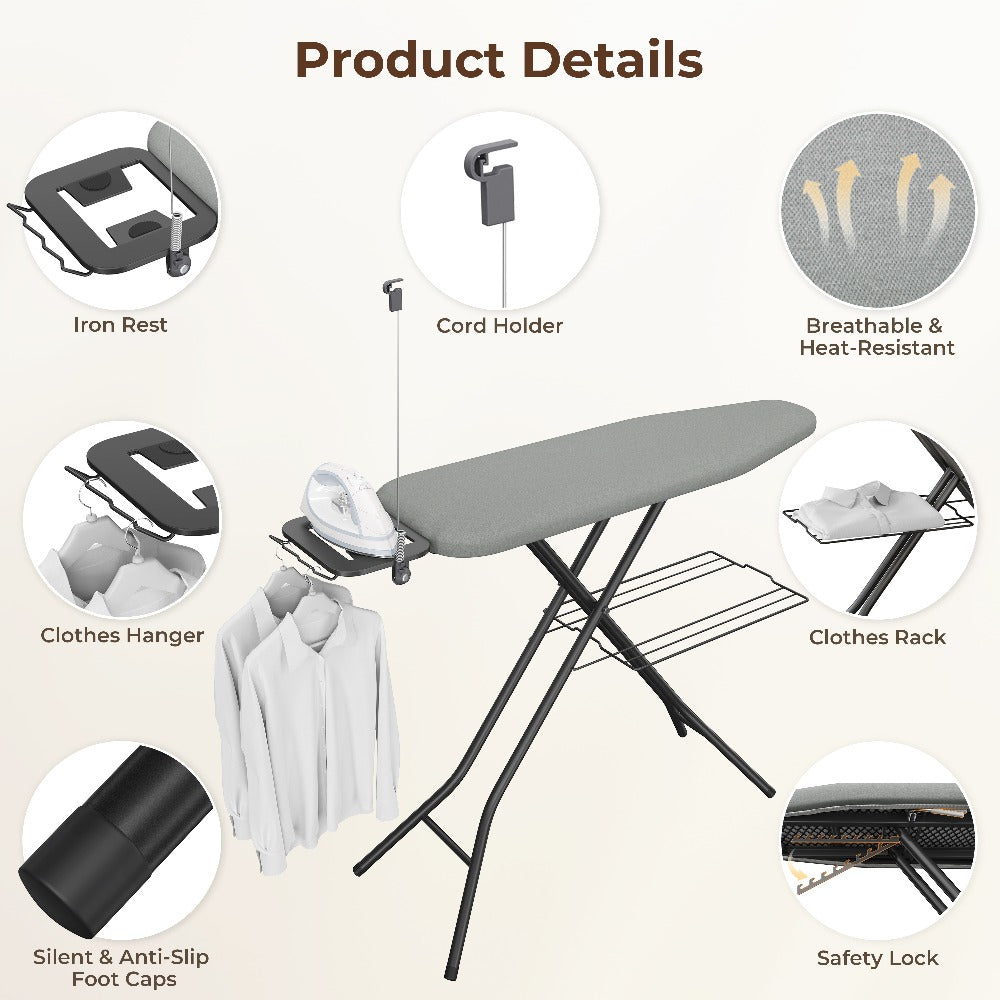 Ironing Board Full Size Foldable Height Adjustable with Clothes Rack Cord Holder 4-Layer Pad Heavy Duty Steel Legs for Laundry Room Living